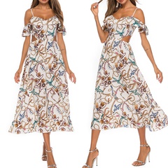 Printed Large skirt Strap Elastic Waist Ruffled Beach Dress