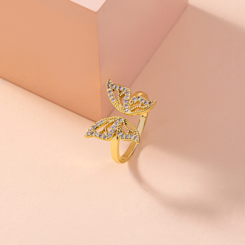 Goldene Offene Ende Einstellbare Micro Intarsien Zirkon Schmetterling kupfer Ring Ornamentpicture2