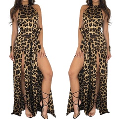Leopard Print Sleeveless Lace-up Long Slit Jumpsuit