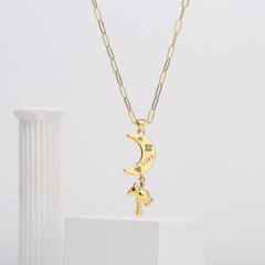 Fashion Copper Gold Zircon Cute Moon Bear Shaped Pendant Necklace Female
