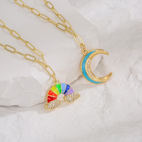 Fashion Copper Plating 18K Gold Zircon Dripping Moon Rainbow Pendant Necklace Female's discount tags