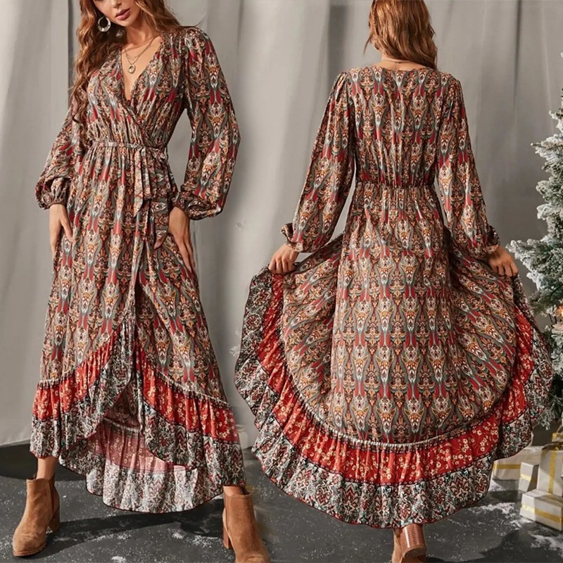 2022 Fashion Spring Retro Slim WaistControlled Laceup Bohemian Printed Dress for Women
