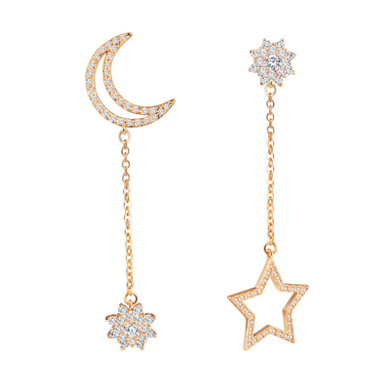 Fashion Ornament Inlay Rhinestone  Asymmetric Star and Moon Stud Earringpicture4