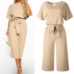 Fashion Casual Dolman Sleeve Lace-up Women's Solid Color Jumpsuit