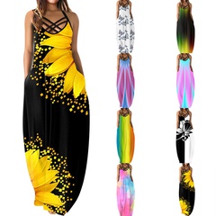 Women's Fashion New Casual Summer Loose Sleeveless Spaghetti-Strap Floral Print Dress