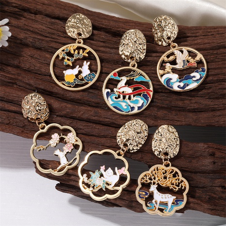 Retro Style Colorful Oil round Hollow Crane Rabbit Sika Deer Cat pendant Earrings's discount tags