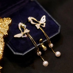 Fashion Diamond Inlaid Butterfly Pearl Tassel Earrings for Women