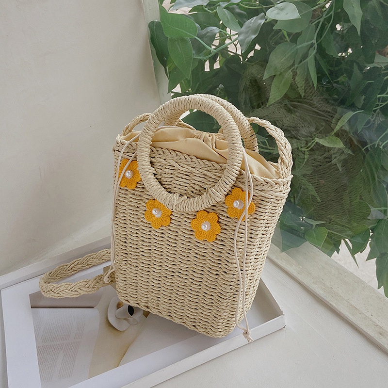 Womens New Summer Portable Shoulder Bag Woven Crossbody Straw Bucket Bag