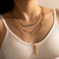 Fashion Bohemian Ornament Alloy Feather Pendant Three-Layer Bead Wafer Necklace