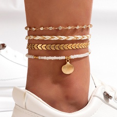 Fashion Bohemian Ornament Simple White Braided Rope Beaded Scallop Four-Piece Alloy Anklet
