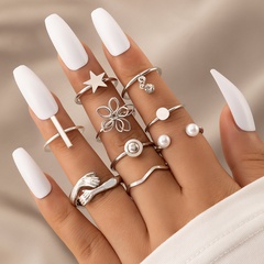 Fashion New Simple Pearl Diamond Open Geometric Flower Nine-Piece Set  Little Finger Alloy Ring
