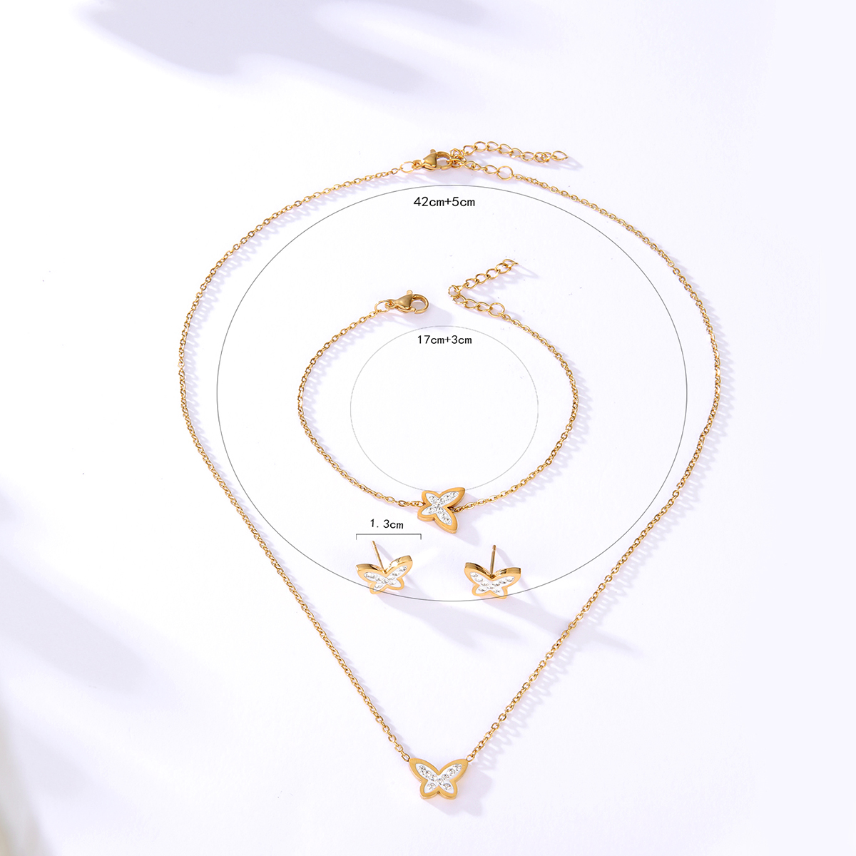 Fashion Simple Stainless Steel Electroplated 18K Gold Butterfly Studs Bracelet Necklace 3Piece Setpicture1