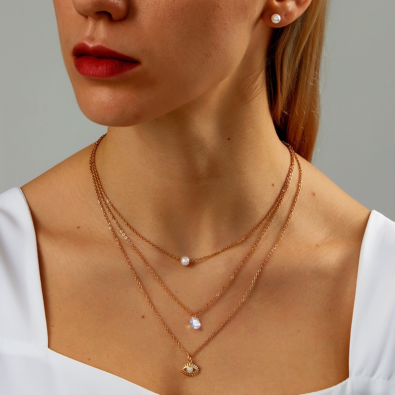 Einfache Edelstahl Galvani 18K Gold Perle Stud Ohrringe 3Schicht Halskette Set