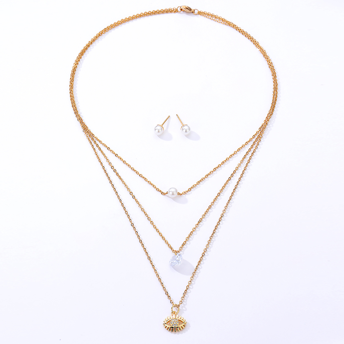 Einfache Edelstahl Galvani 18K Gold Perle Stud Ohrringe 3Schicht Halskette Setpicture1