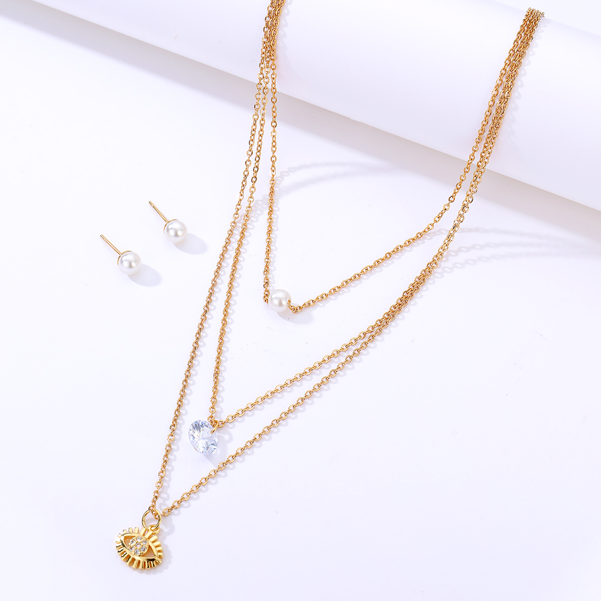 Einfache Edelstahl Galvani 18K Gold Perle Stud Ohrringe 3Schicht Halskette Setpicture3