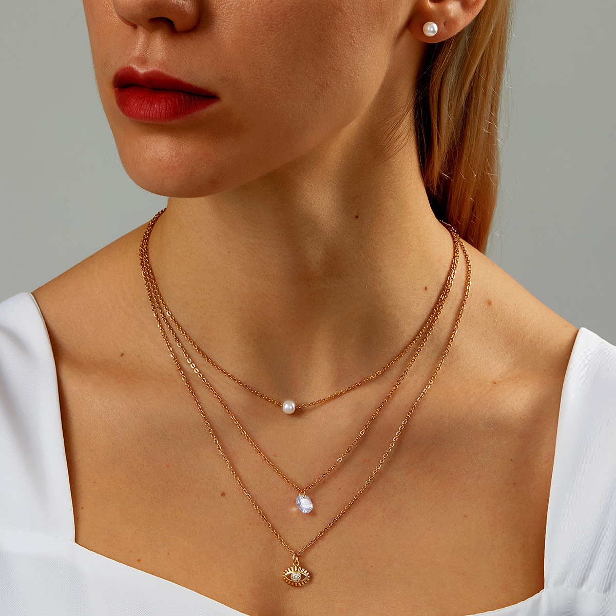 Einfache Edelstahl Galvani 18K Gold Perle Stud Ohrringe 3Schicht Halskette Setpicture4