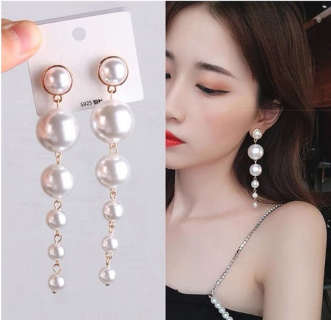 Fashion Geometric Large Small Pearls Long Tassel Beaded Eardrops's discount tags