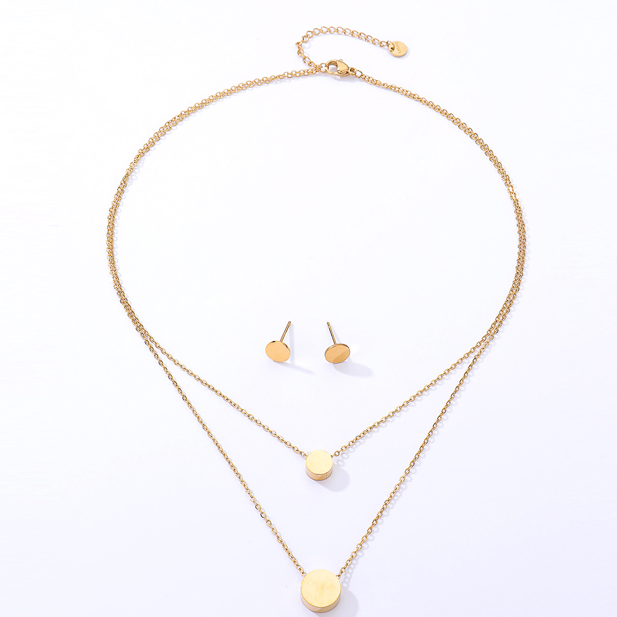 Mode Elegante Edelstahl Vergoldet 18K Goldene Runde Stud Ohrringe und DoppelSchicht Halskette Setpicture1