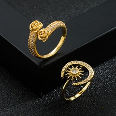 Fashion New Opening Adjustable Creative Star Moon Copper Plating 18K Gold Micro Zircon Ring