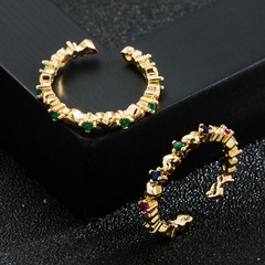 Fashion Micro-Inlaid Copper-Plated Gold Inlaid Rainbow Color Crystal Zircon Heart-Shaped Open Ring