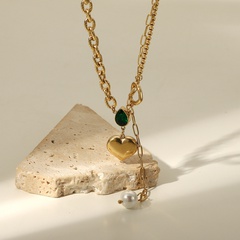 New Pearl Heart Pendant Green Water Drop Zircon 14K Gold plated Stitching chain Necklace