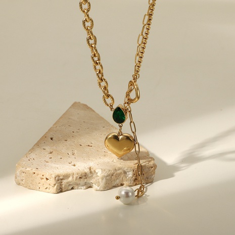 Nuevo collar de cadena de costura chapado en oro 14K con circonita gota de agua verde con colgante de corazón de perla's discount tags