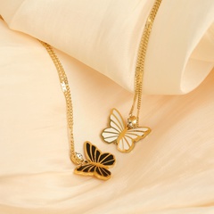 Retro Elegant Black and White Butterfly Necklace Dripping Oil Diamond Pendant Titanium Steel 18K Gold Plating