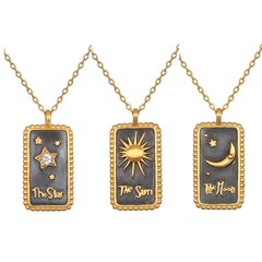 Vintage Tarot Sun Moon and Star Necklace Three-Dimensional Drop Oil Plated 18K Real Gold Zircon Necklace for Women