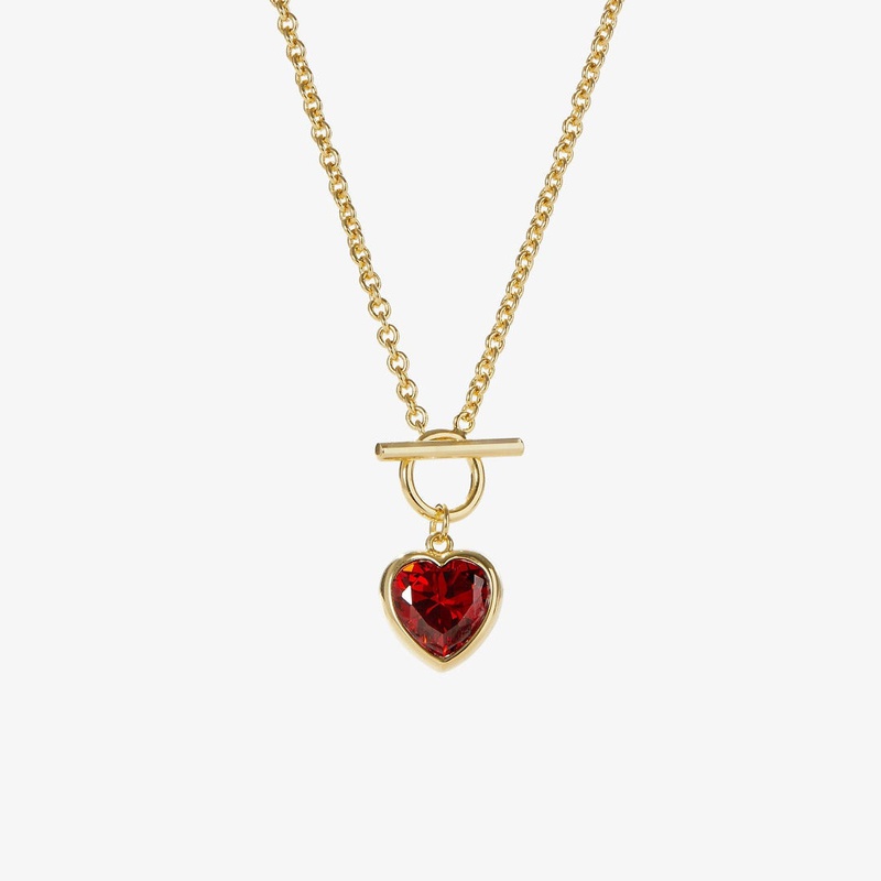 Simple Retro Dark Red Peach Heart Pendant Necklace Zircon Inlaid OT Buckle Necklace