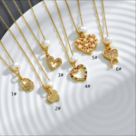Mode Perle Herz-Förmigen Anhänger Kupfer Überzug 14K Gold Zirkon Intarsien Halskette's discount tags