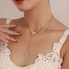 Fashion Crystal Butterfly Water Drop Pendant Double Layer Clavicle Chain Necklace