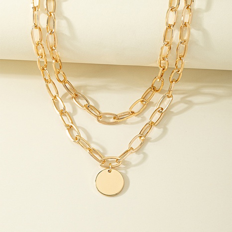 Fashion New Thick chain Double-Layer round Pendant Alloy Clavicle Chain Necklace's discount tags