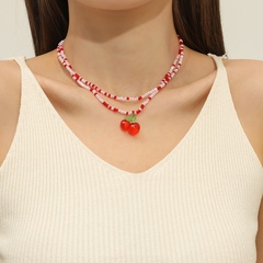 Fashion Retro Red and White Beaded Necklace  Simple Resin Pendant Bracelet