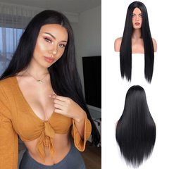 Femmes de Long Noir Cheveux Raides Synthétique Mi-Longueur Haute-Température Fiber De Perruques
