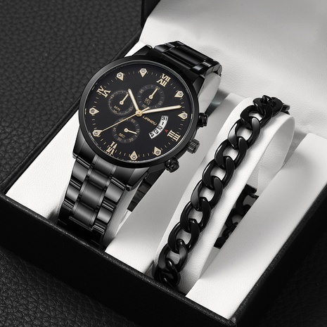 fashion black stainless Steel strap Men's Three-Eye Quartz Watch chain wristband's discount tags