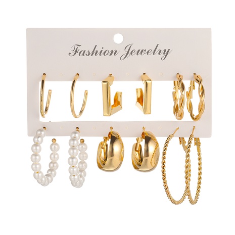 simple golden Geometric Pearl alloy 6-Piece hoop Earrings Set's discount tags
