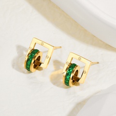 simple Titanium Steel hollow Square 14K Gold Plated Green Zircon Earrings