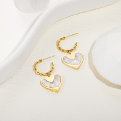 Fashion Heart Inlaid Shell Pendant Titanium Steel Gold Plated twist C-shaped Earrings