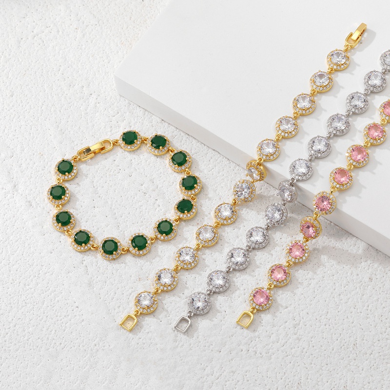 Fashion Round Green White Pink Zircon Inlaid Full Diamond Bracelet Women