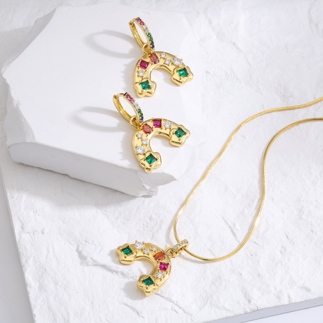 Micro Inlaid Colorful Geometric Zircon Rainbow Necklace Earrings Set Ornament's discount tags