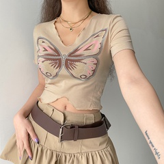 Estampado de mariposa de manga corta pulóver temperamento superior cuello en V adelgazamiento de madera oreja ombligo corto camiseta Mujer