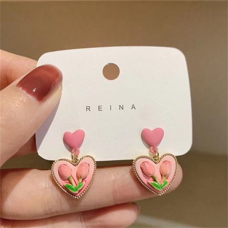 Retro primavera corazón Rosa tulipán pendientes refinados pendientes pendientes de las mujeres's discount tags