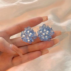 Fashion Elegant Transparent Klein Blue Camellia Pearl Inlaid Women's Earrings