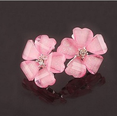 Fashion Five Petal Pink Black Flower Shaped Cute Stud Earrings