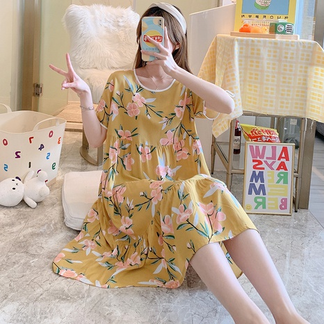 New soft loose free size blossom pattern Short Sleeves fabric Pajamas's discount tags