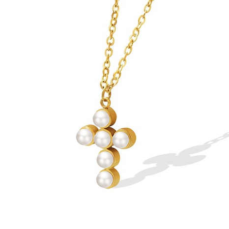 À la mode simple d'or pendentif croix perle Titane collier's discount tags