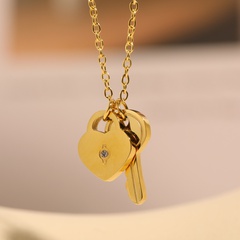 Fashion Simple Heart Lock Key Pendants Inlaid Zircon Stainless Steel Necklace
