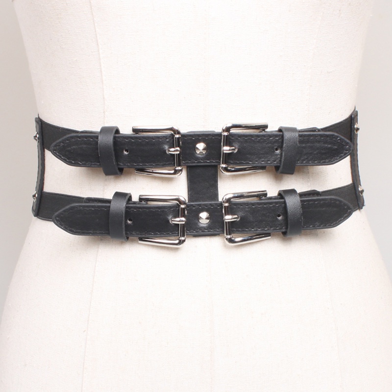 2022 New Womens Elastic Skirt Decorative Double Row Wide Belt Black