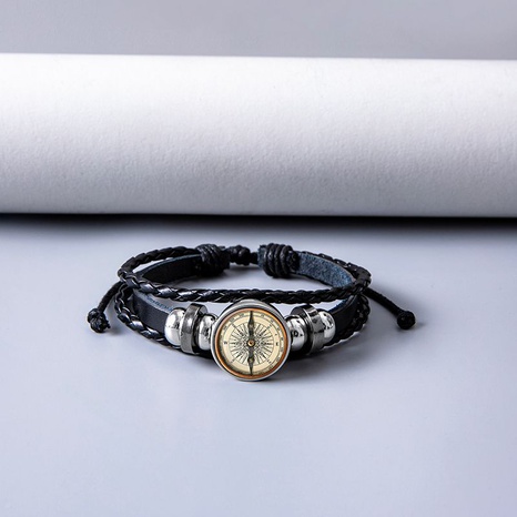 Fashion Artificial Leather Glass Compass Bracelet Daily Hand-Woven Unset Stainless Steel Bracelets's discount tags