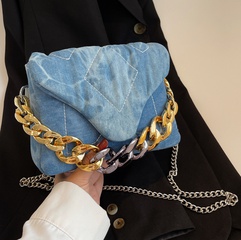 Geometric Pattern Fashion Denim Soft Surface Chain Magnetic snap Square Dark Blue Light Blue Shoulder Bags